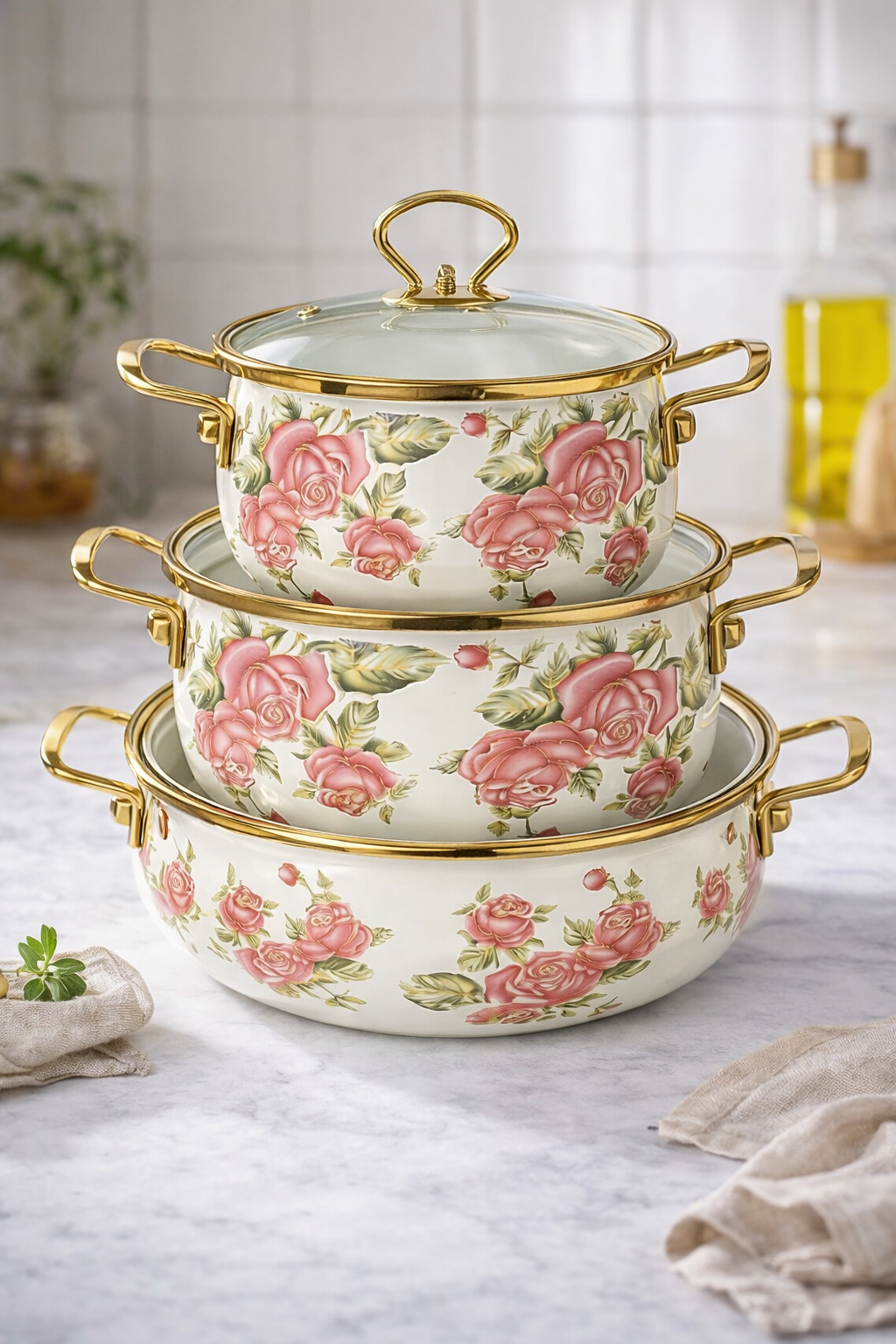 Luxury Floral Enamel Cookware Set (3-Piece) – Rose Design Pots with Glass Lids & Gold Handles