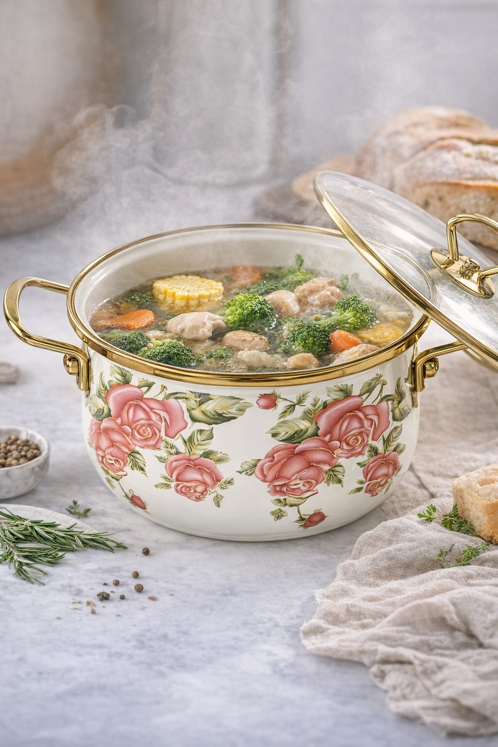 Luxury Floral Enamel Cookware Set (3-Piece) – Rose Design Pots with Glass Lids & Gold Handles