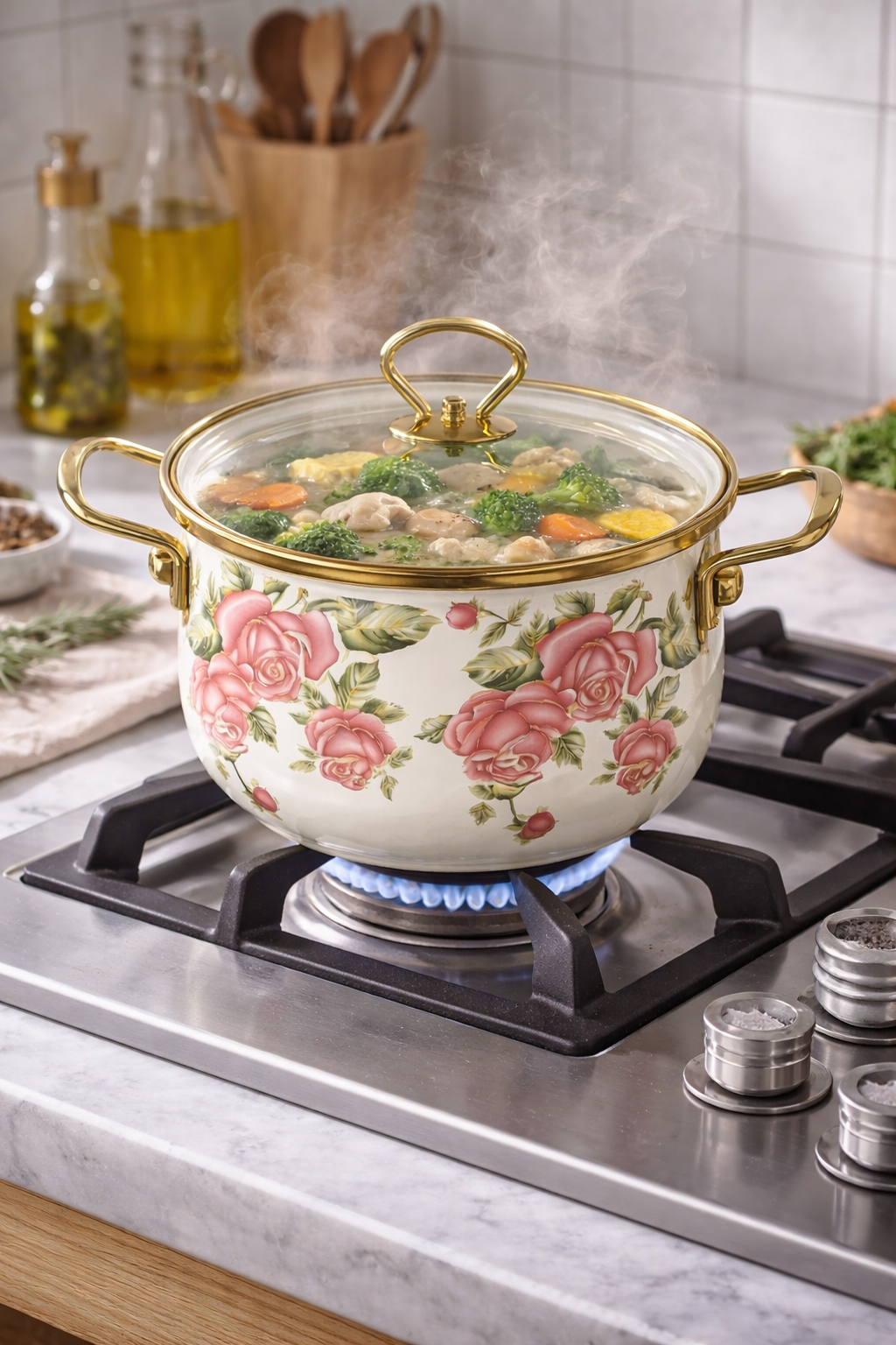 Luxury Floral Enamel Cookware Set (3-Piece) – Rose Design Pots with Glass Lids & Gold Handles