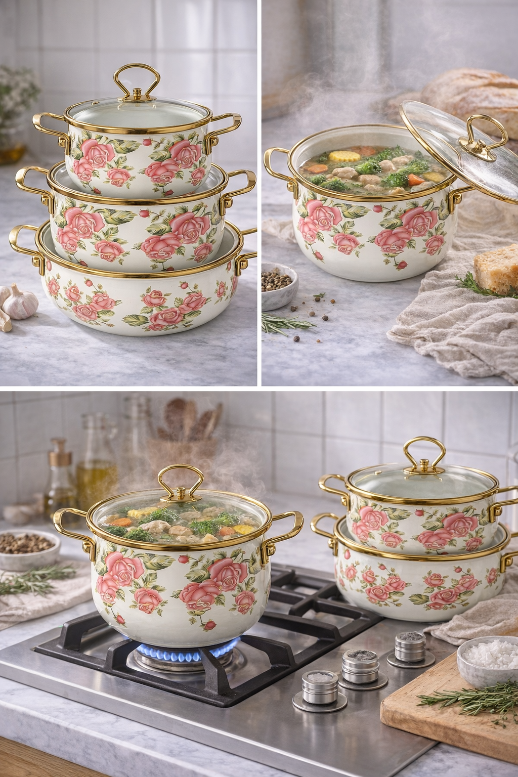 Luxury Floral Enamel Cookware Set (3-Piece) – Rose Design Pots with Glass Lids & Gold Handles