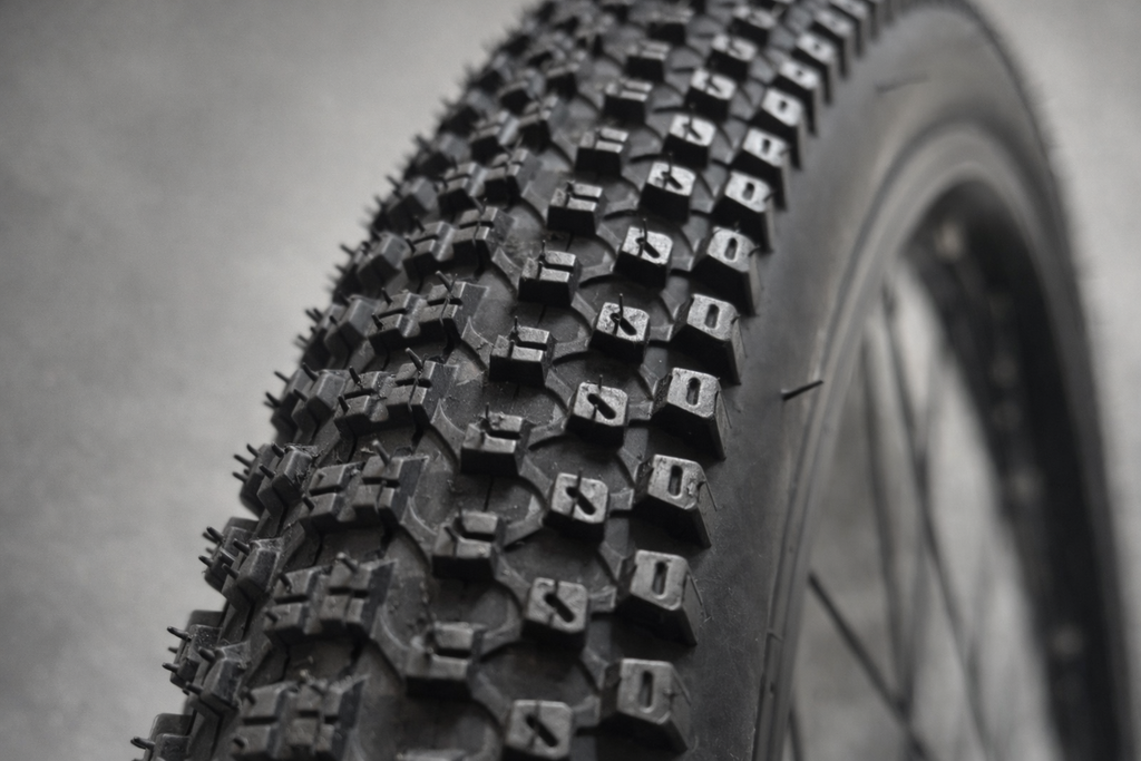 Close-up of BlackCat 27.5x2.35 bicycle tyre tread pattern showing aggressive grip blocks
